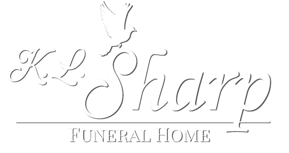 Logo for K.L. Sharp Funeral Home. Script text with dove symbol. "Funeral Home" in a thin line.