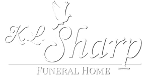 Logo for K.L. Sharp Funeral Home. Script text with dove symbol. "Funeral Home" in a thin line.