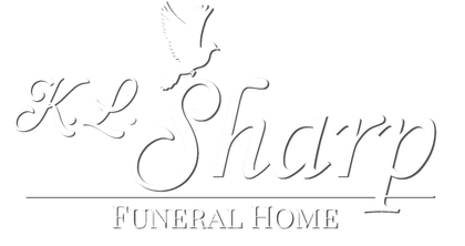 Logo for K.L. Sharp Funeral Home. Script text with dove symbol. "Funeral Home" in a thin line.