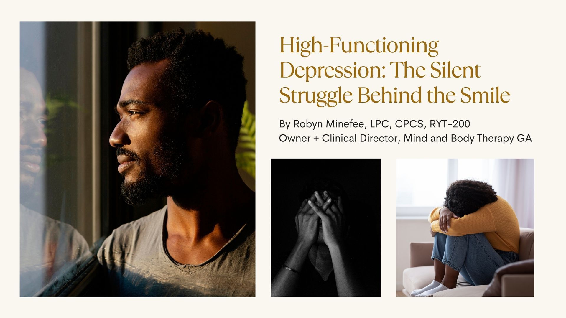 Presentation on high-functioning depression with a man looking out a window, and two images of people in distress.