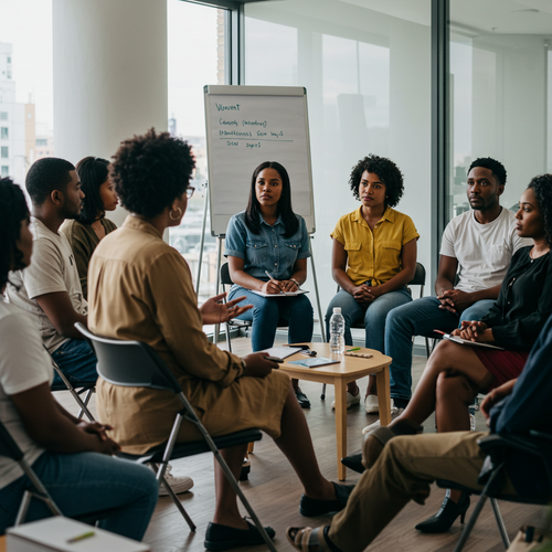 A group of people are sitting in a circle in front of a white board.