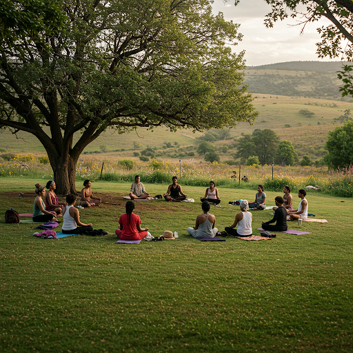 A group of people are sitting in a circle on yoga mats under a tree