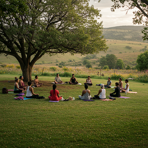 A group of people are sitting in a circle on yoga mats under a tree