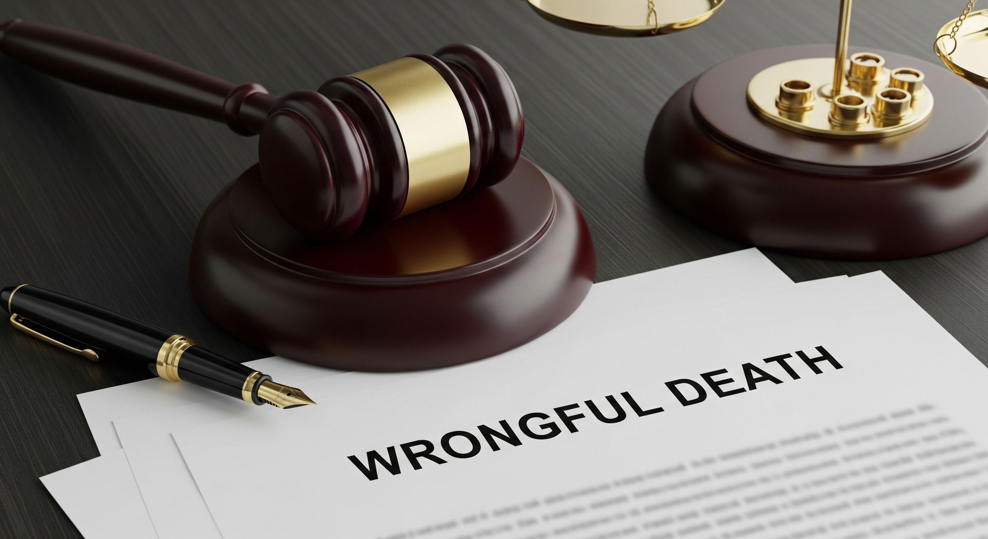 A gavel rests next to a document labeled “wrongful death”.