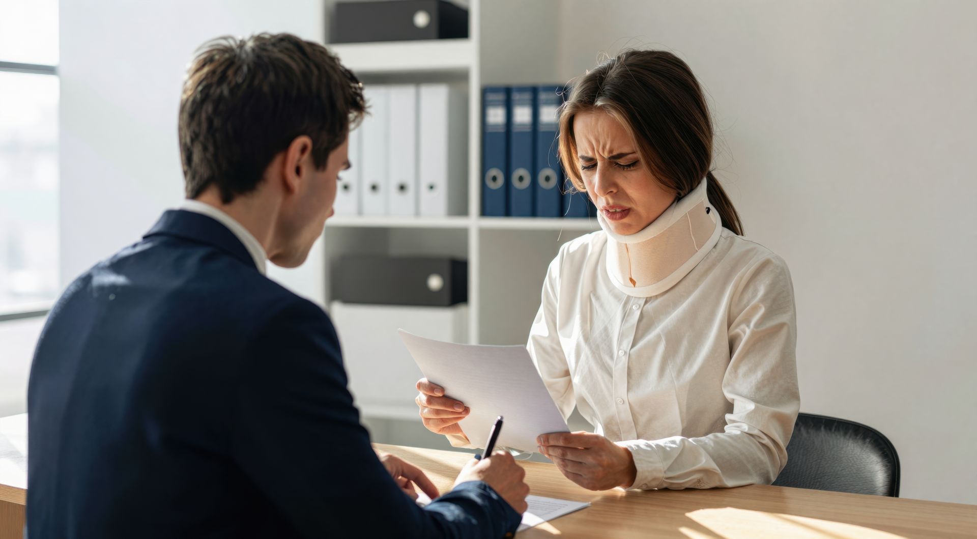 An injured woman worker meeting with a workers compensation lawyer to review a claim document.