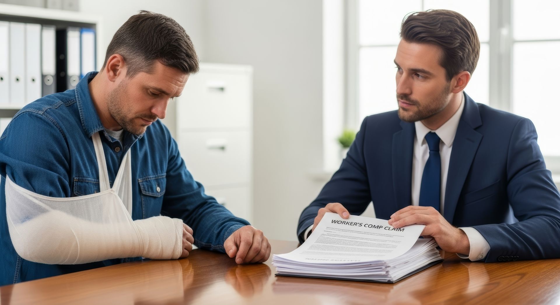 An injured worker meeting with a workers compensation lawyer to review a legal claim document.