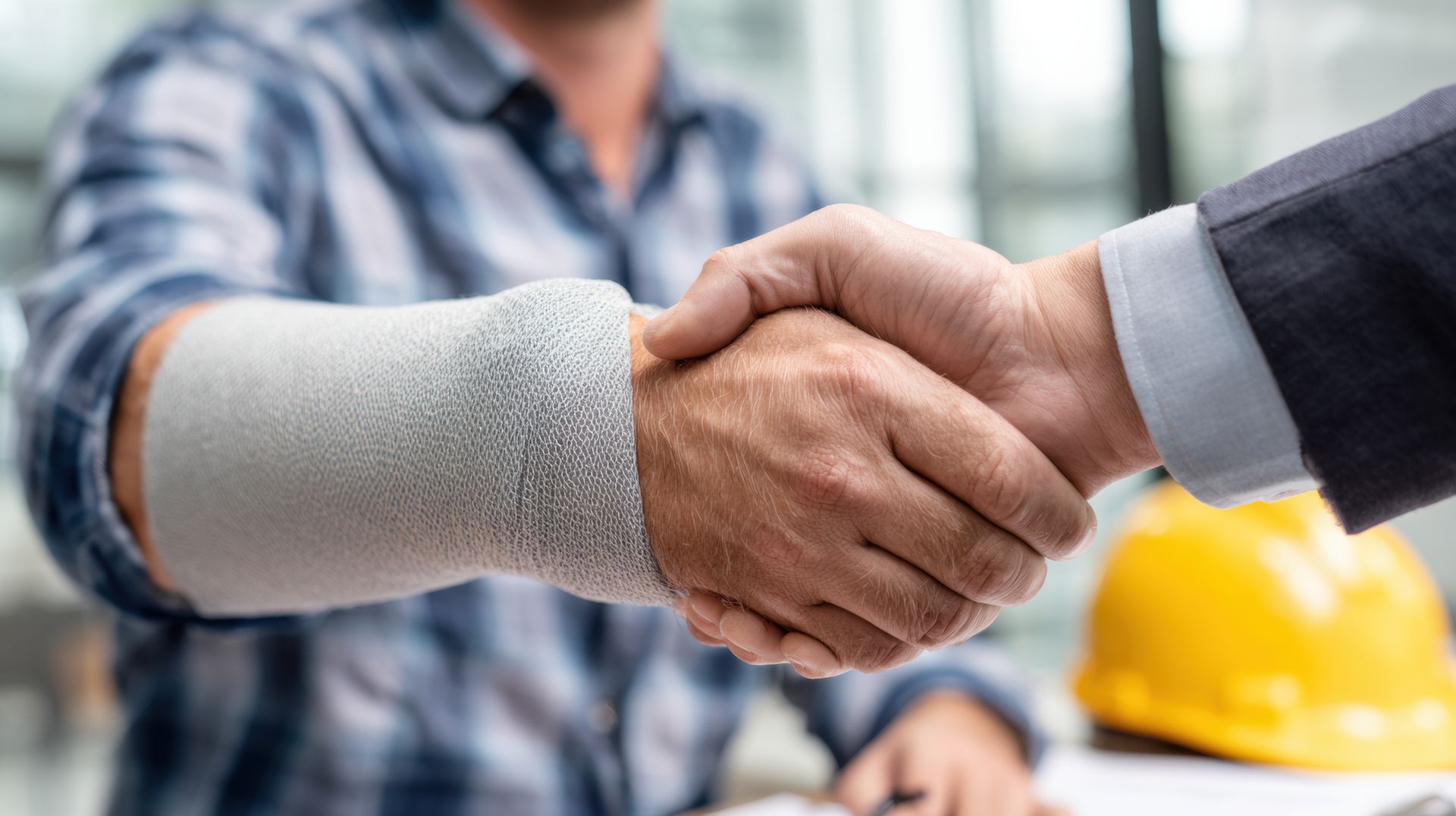 Injured worker with a bandaged arm shaking hands with an attorney during a workers compensation consultation Injured worker with a bandaged arm shaking hands with an attorney during a workers compensation consultation