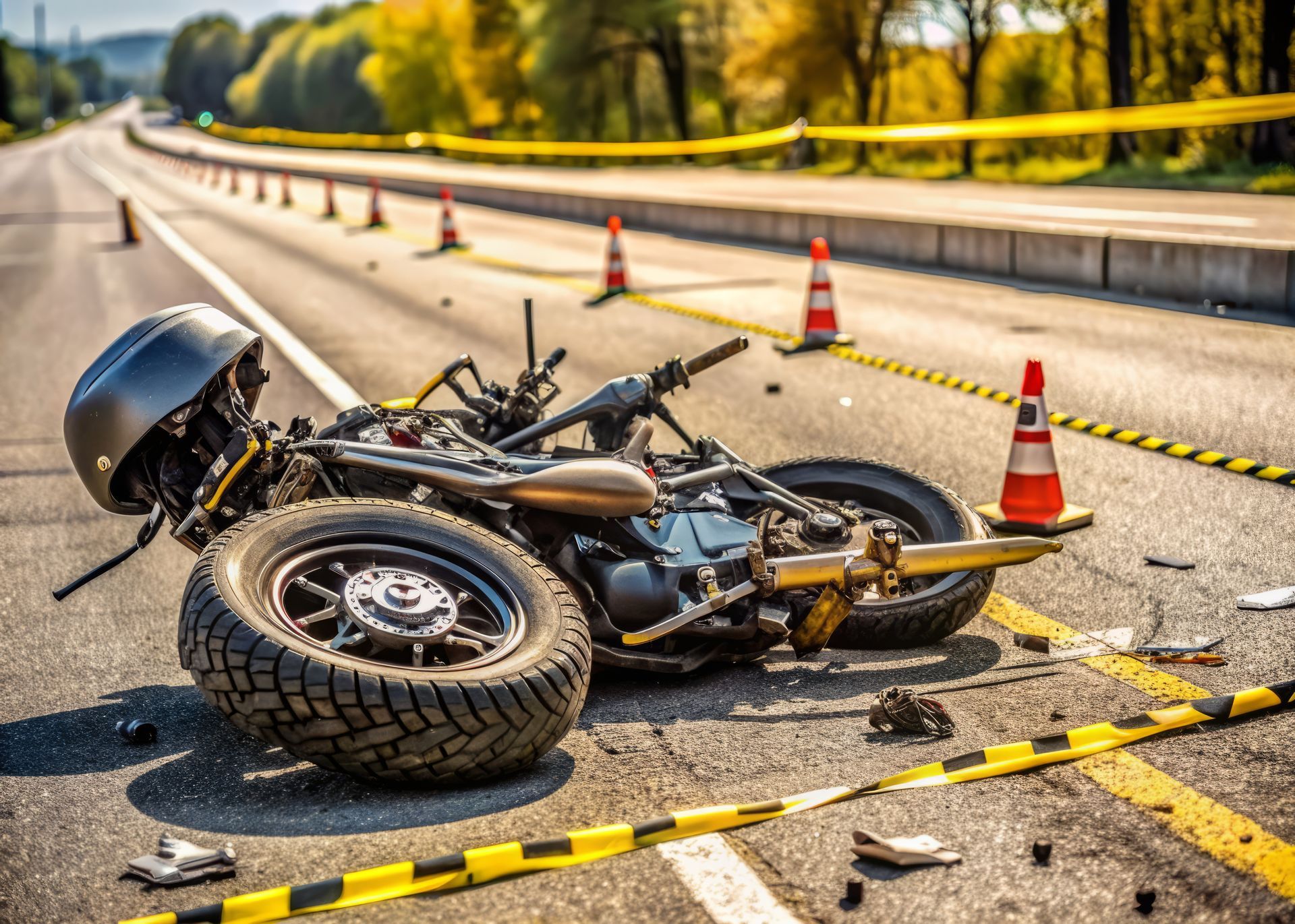 Damaged motorcycle lies on asphalt, debris scattered around, yellow caution tape surrounds the scene.