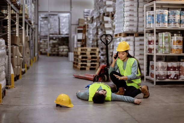 A worker call an ambulance after warehouse manager falls down on the floor.