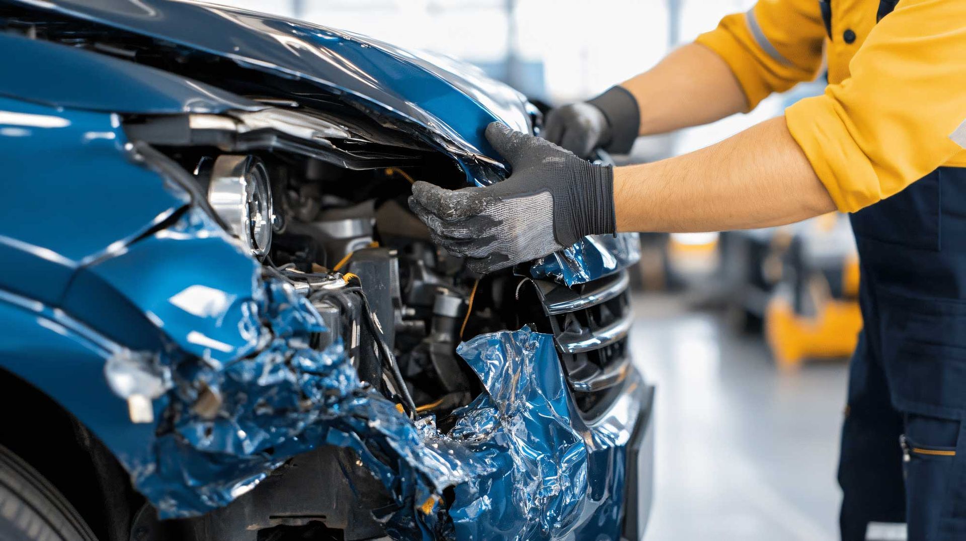 A mechanic in black gloves inspects the front end of a damaged blue car in a repair shop.