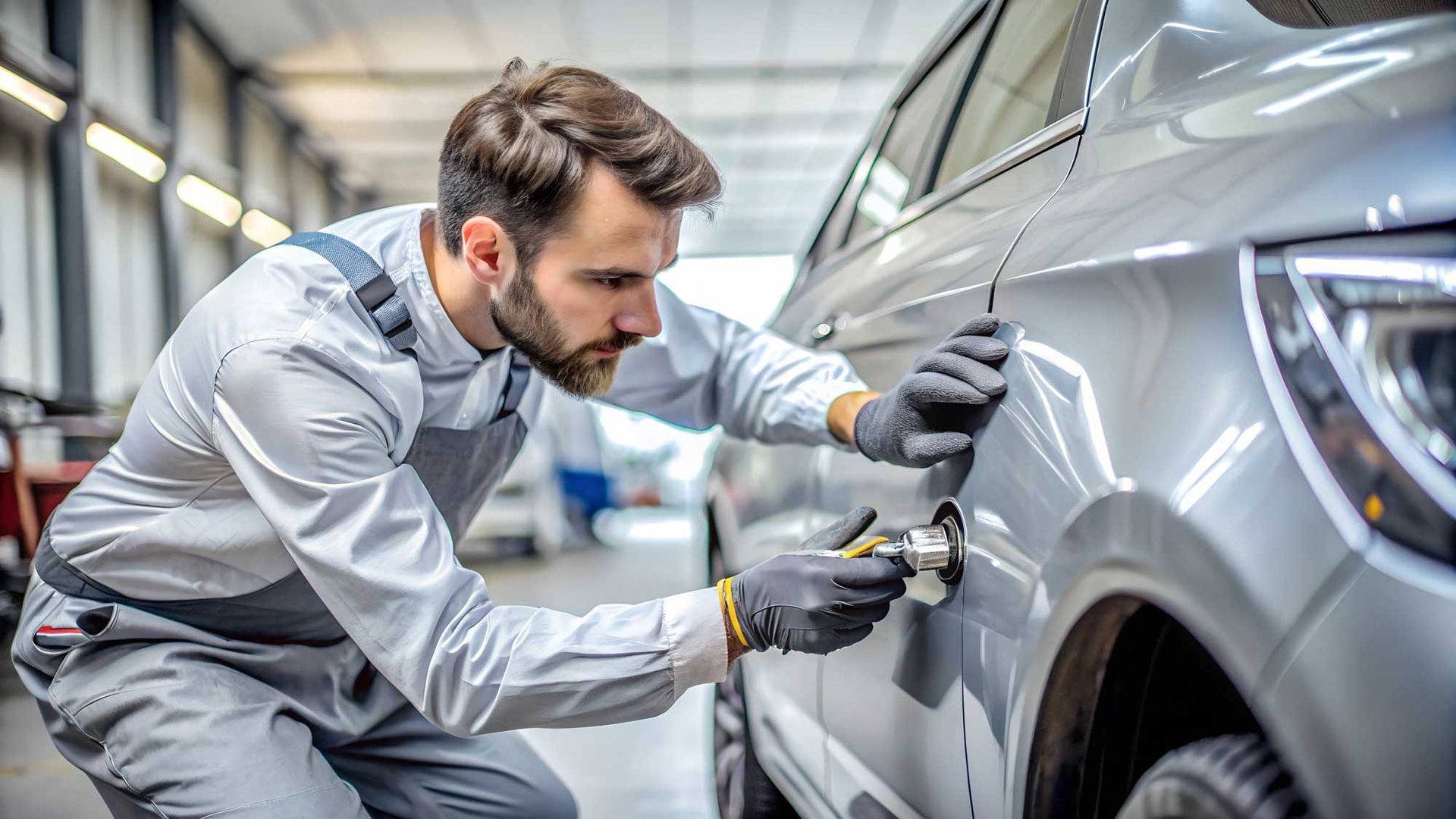 Mechanic in a gray jumpsuit inspecting a silver car door with a dent. He wears gloves and a focused expression in a garage.