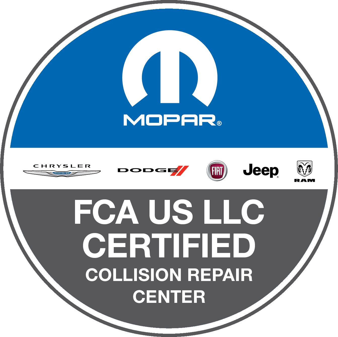 Mopar FCA US LLC Certified Collision Repair Center logo. Blue and gray circle with the Mopar logo, brand logos, and text.