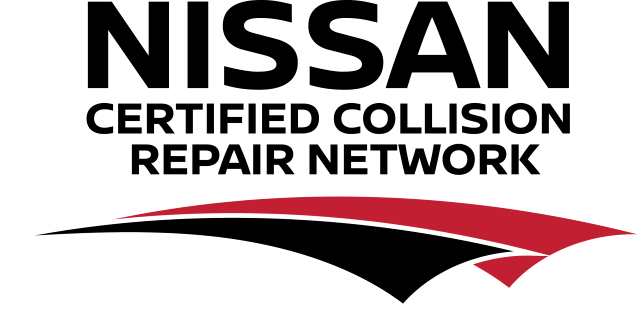 Nissan Certified Collision Repair Network logo. Black text with a red and black swoosh.