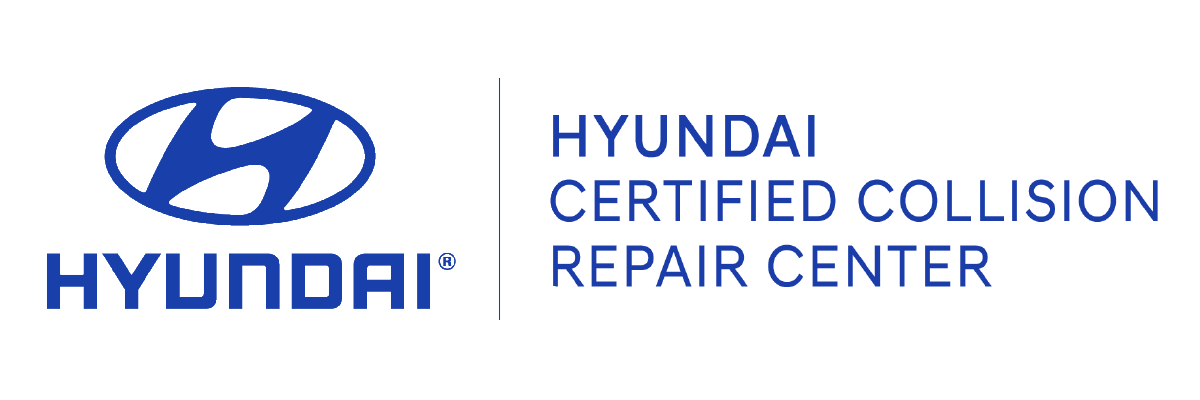 Hyundai Certified Collision Repair Center logo. A blue Hyundai logo is on the left, and text stating