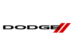 Dodge logo with black text and two red angled stripes.