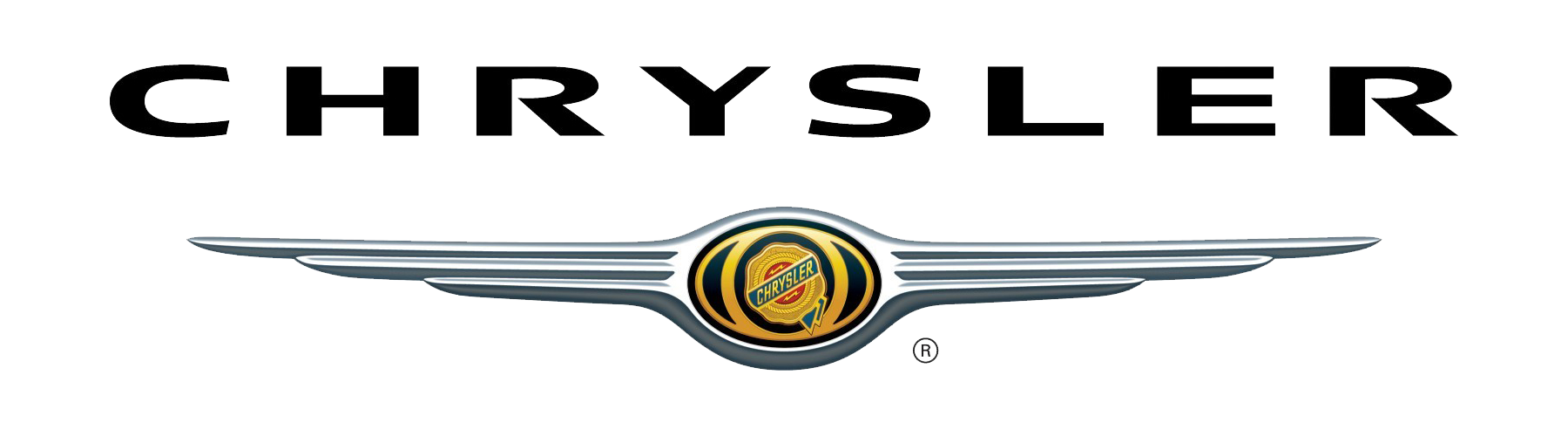 Chrysler logo with black text above silver winged emblem and golden center.