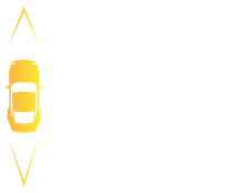 Yellow car driving up a road with two yellow triangles above and below.