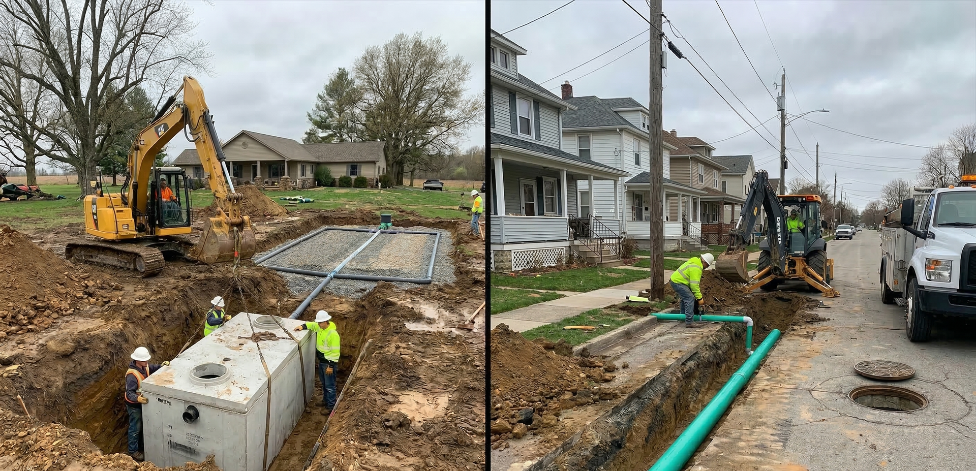 Construction crews are installing concrete infrastructure and piping in two different residential outdoor settings.