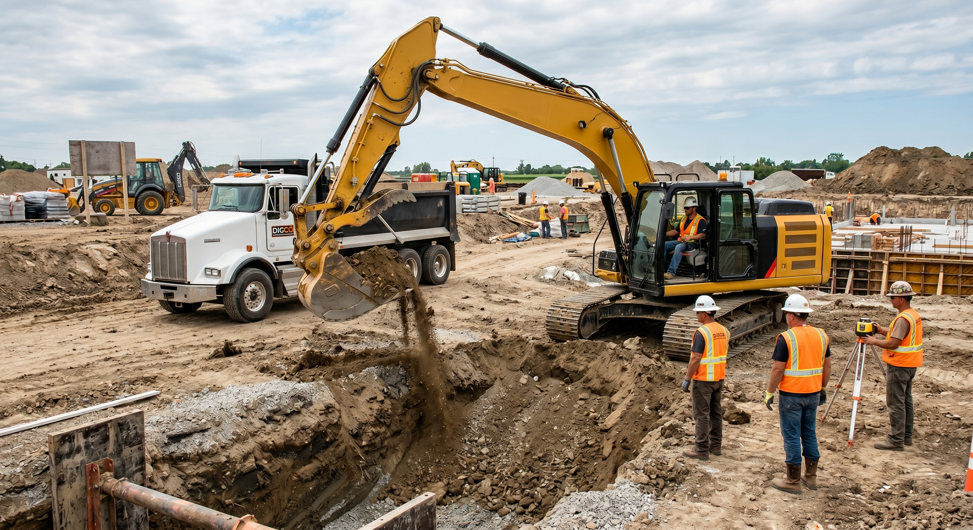 A yellow excavator dumps dirt into a white truck while three construction workers in safety vests observe from a site.