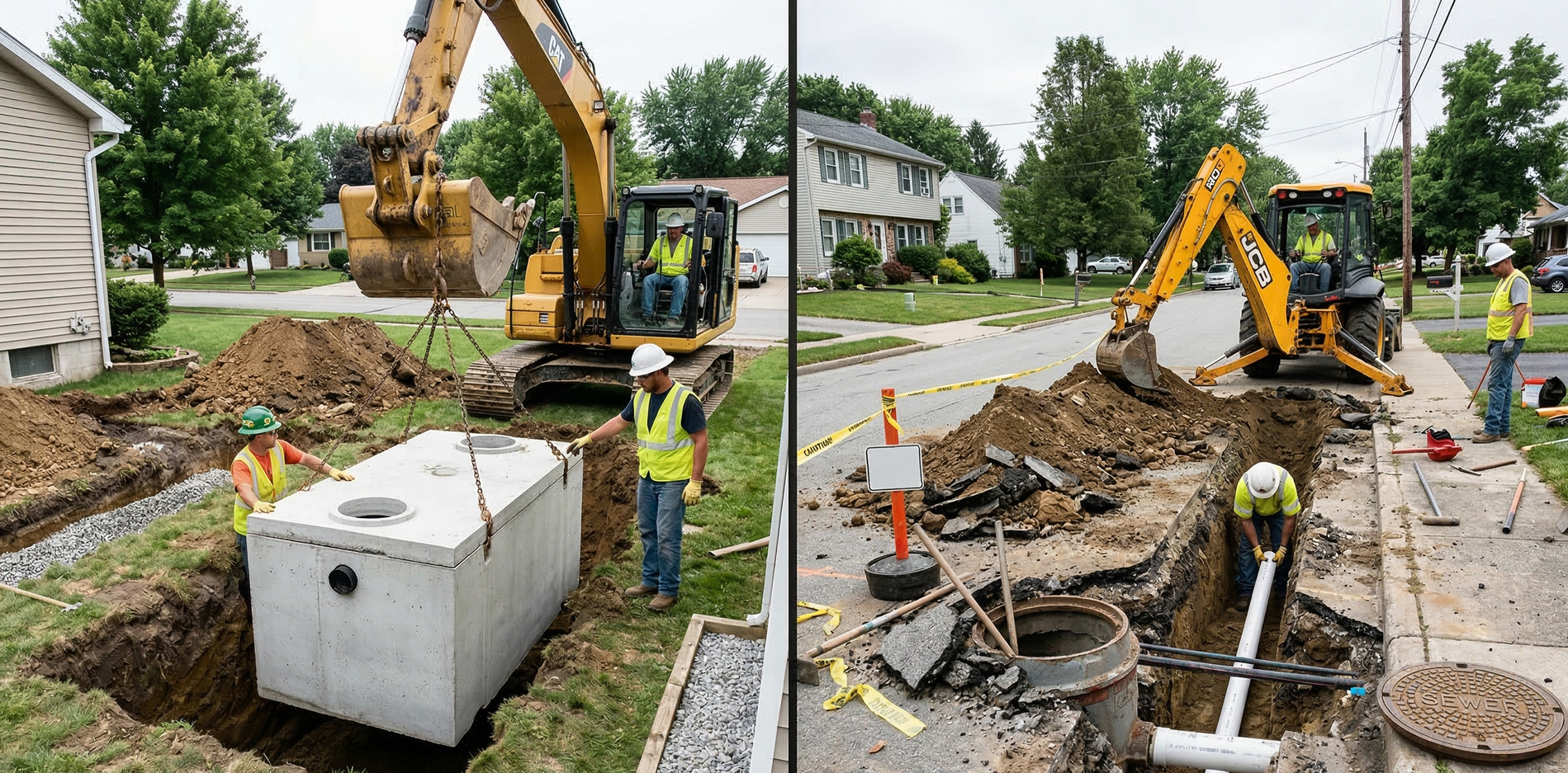Construction crew installing a concrete septic tank in a residential yard and connecting pipes in the street.