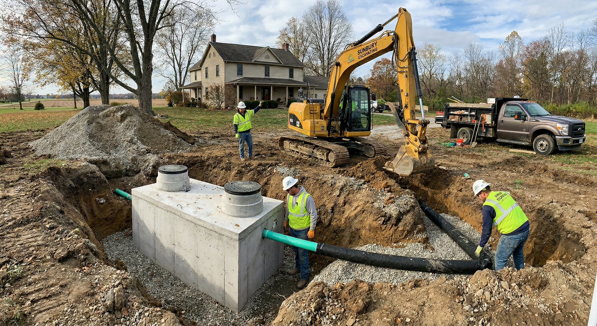 Construction workers install a large concrete septic tank in an excavated yard near a house and heavy machinery.