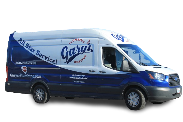Blue and white Garp's Plumbing & Heating service van with company logo and contact details on the side