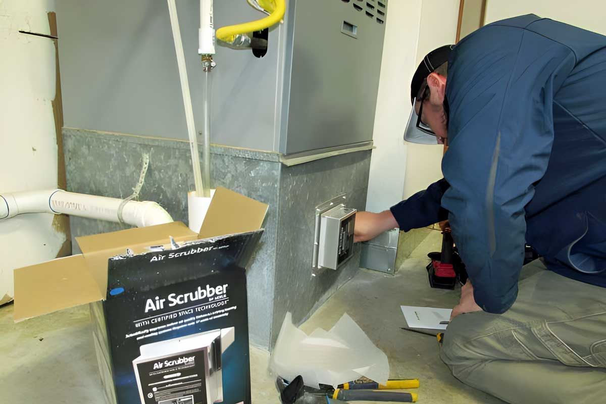 A Gary's HVAC technician installs an air scrubber on a furnace. They are kneeling, wearing glasses.