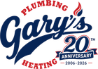 Gary’s Plumbing and Heating 20th anniversary logo in blue, red, and white, 2006–2026