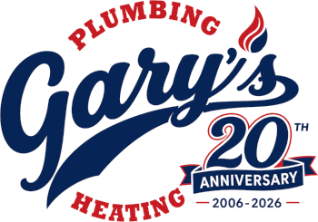 Gary’s Plumbing and Heating 20th anniversary logo in blue, red, and white, 2006–2026