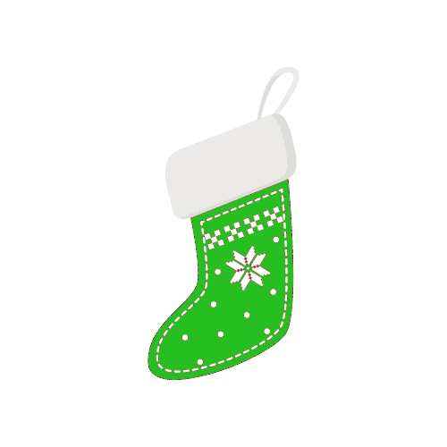 Green Christmas stocking with white trim and snowflake design.