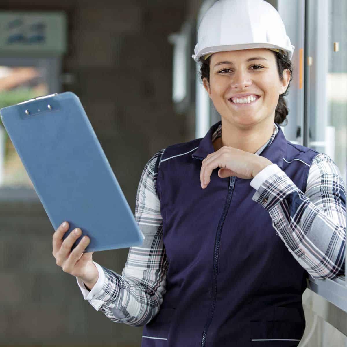 Woman in hard hat and work clothes smiles, holding a clipboard in a construction setting.