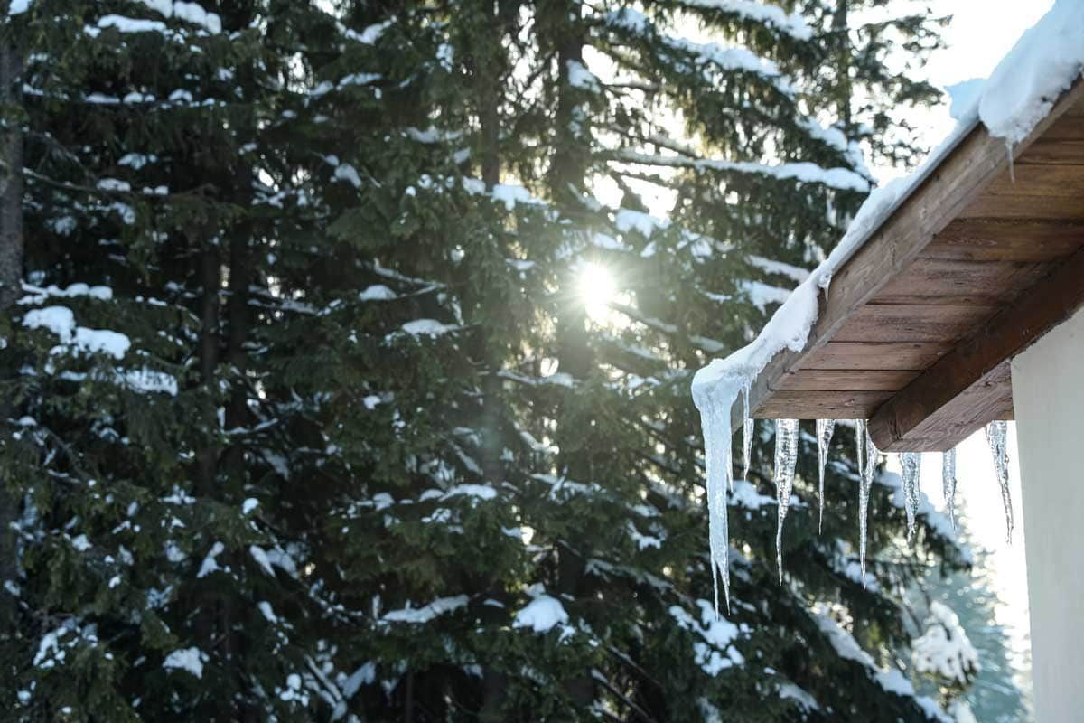 The sun is shining through the snow covered trees behind a home with an icicle.