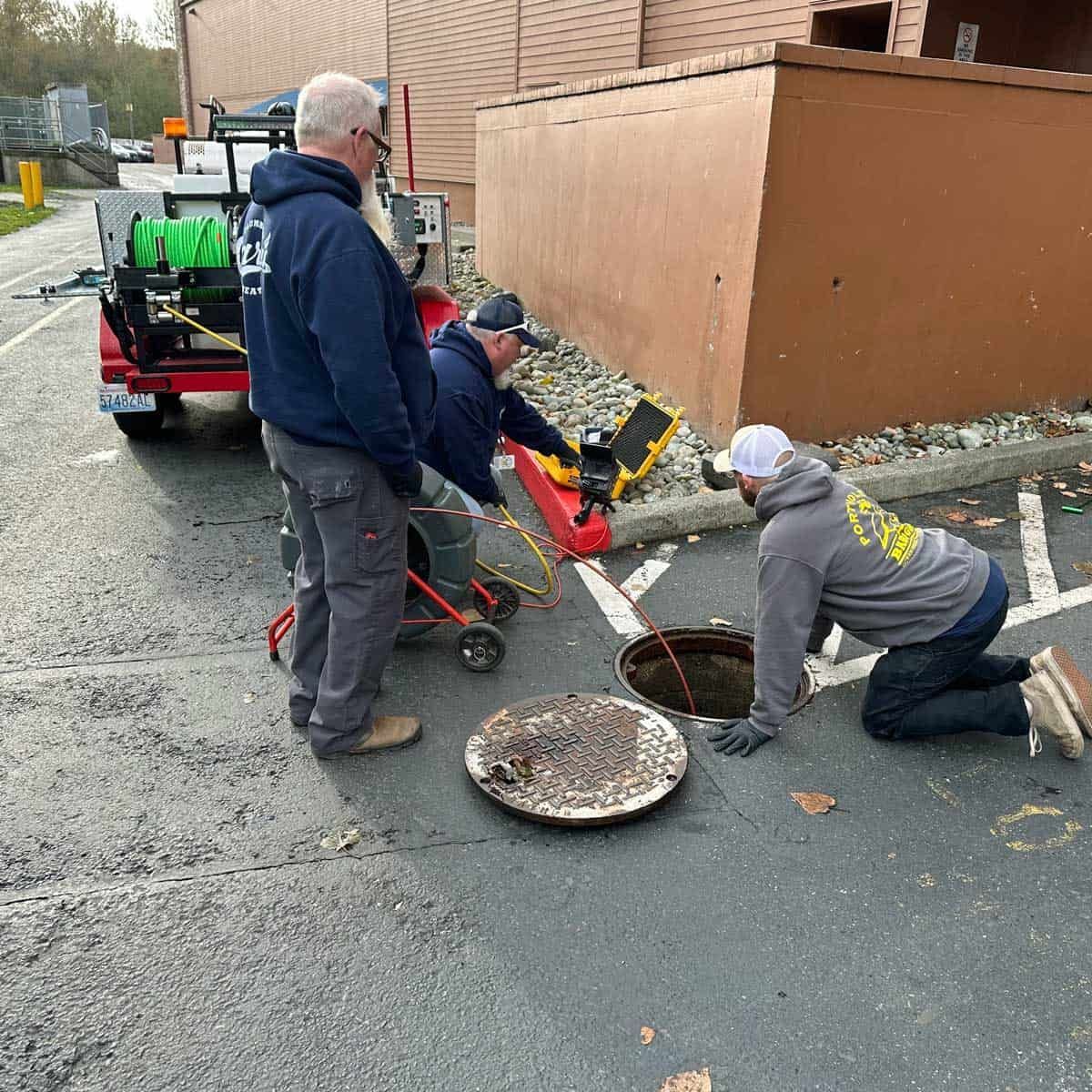 Three Gary's technicians inspecting a manhole in a parking lot. Equipment and vehicle nearby.