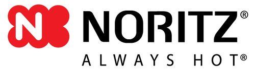 The logo for noritz always hot is red and black on a white background.