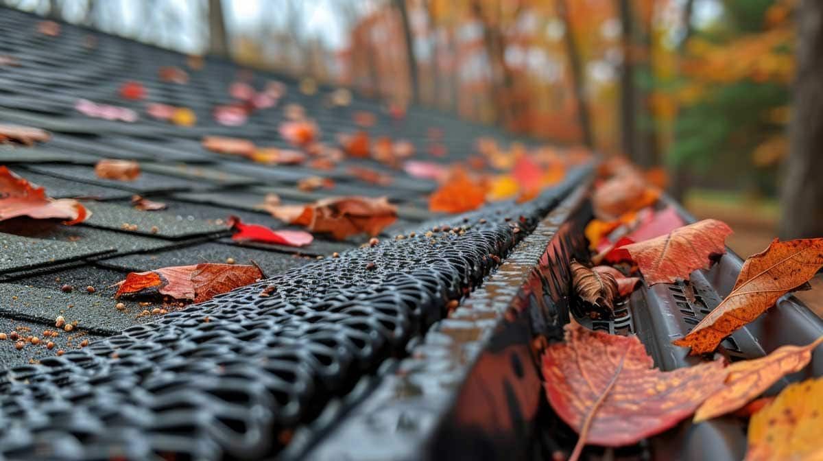 A close up of a gutter filled with leaves on a roof.