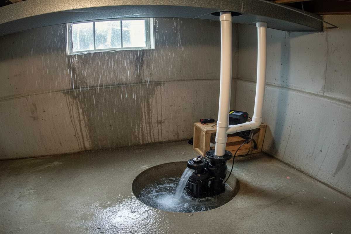 Sump pump in basement, pumping water out of a circular pit. White pipes and wet concrete.