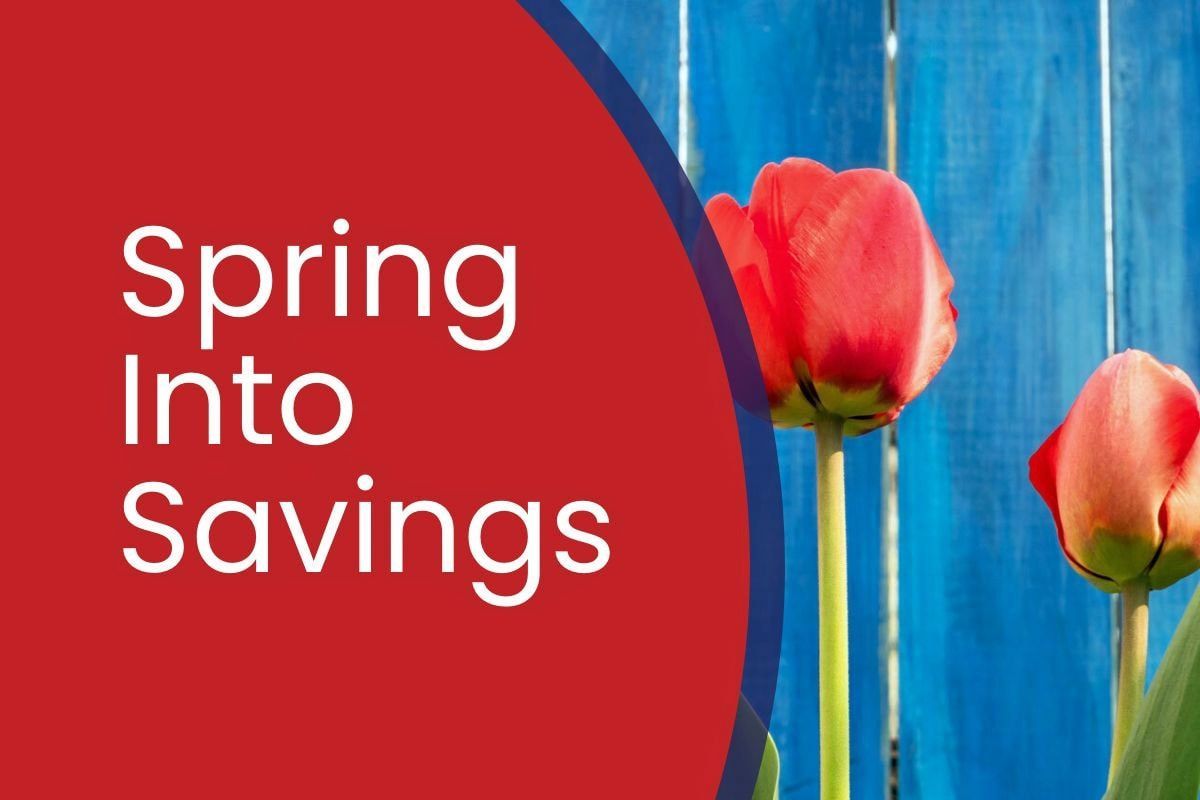 A red circle with the words `` spring into savings '' and two red tulips in front of a blue fence.