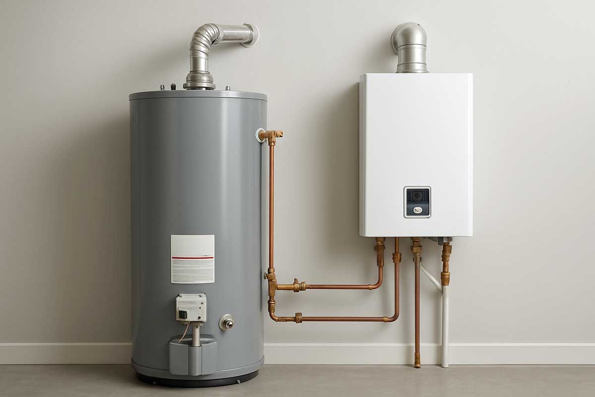 Two water heaters side-by-side: a tall, gray tank next to a white, wall-mounted unit