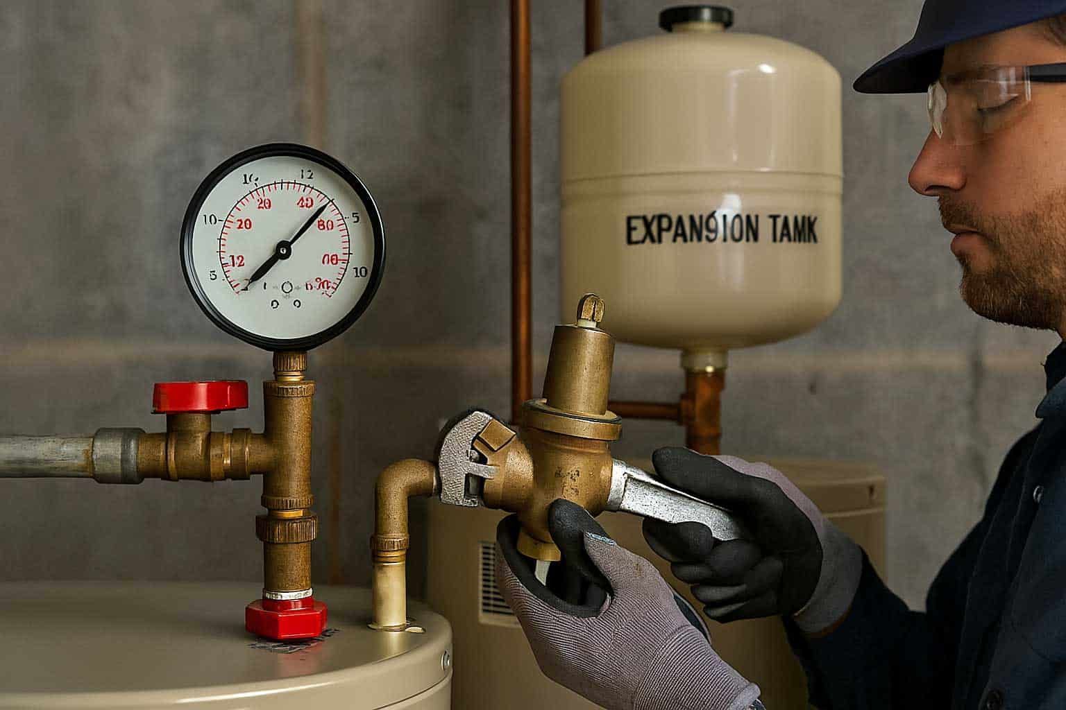 Plumber adjusts valve to manage water pressure.
