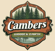 Logo for "Cambers Woods & Earth" with a forest scene in a wooden frame.
