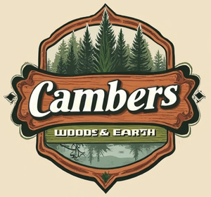 Logo for "Cambers Woods & Earth" with a forest scene in a wooden frame.