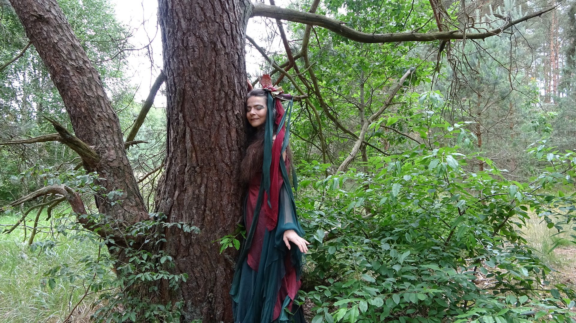 Eine Fee im grünen Kleid umarmt einen Baum