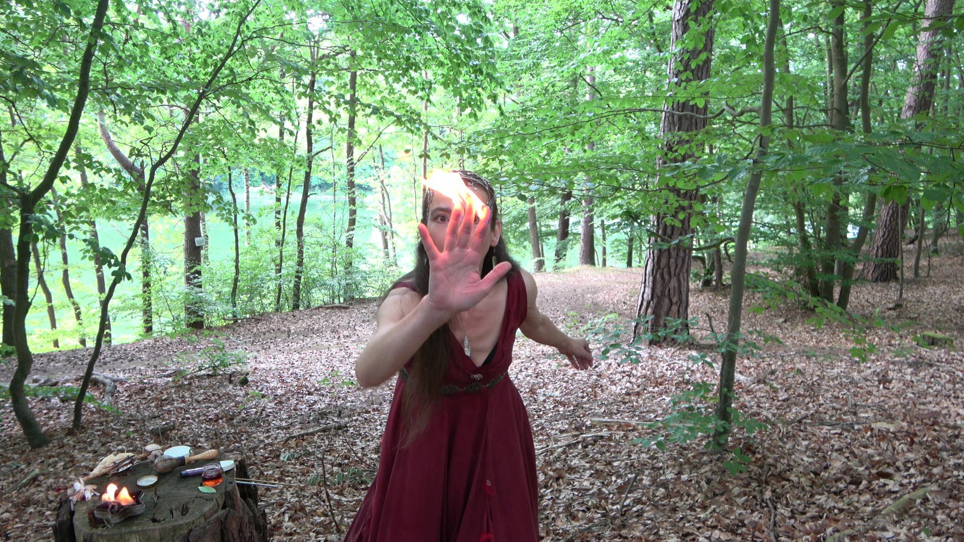 Eine Feuerfee im roten Kleid  im Wald hat Feuer in der Hand