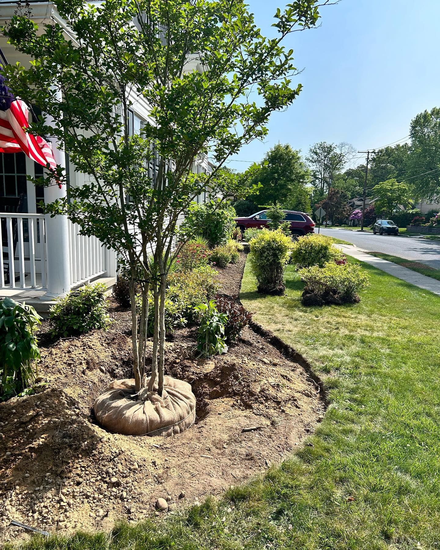 A tree is being planted in a garden in front of a house.