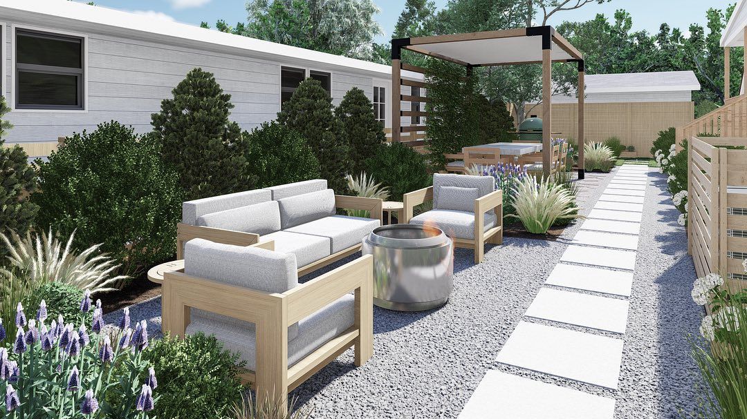 An artist 's impression of a patio with a couch and chairs.