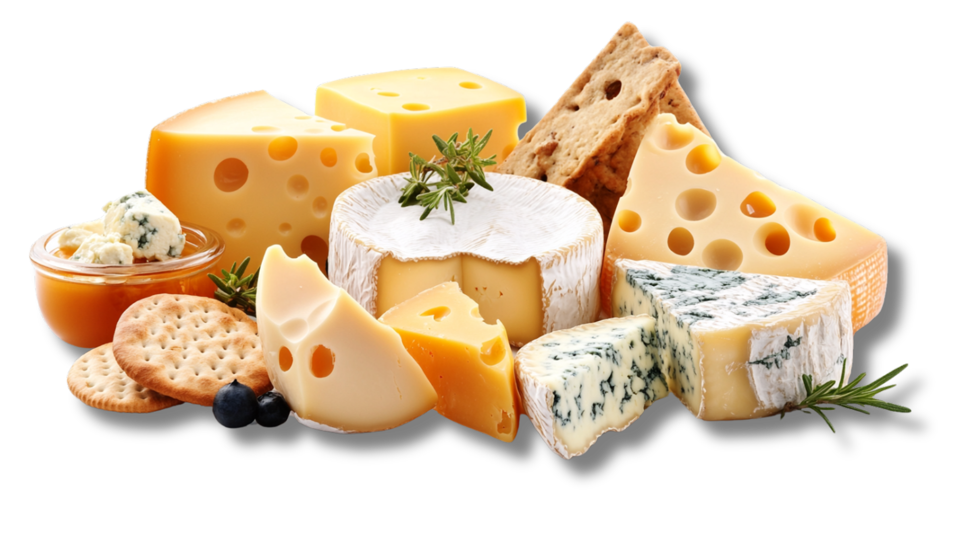 A variety of cheeses and crackers on a white background