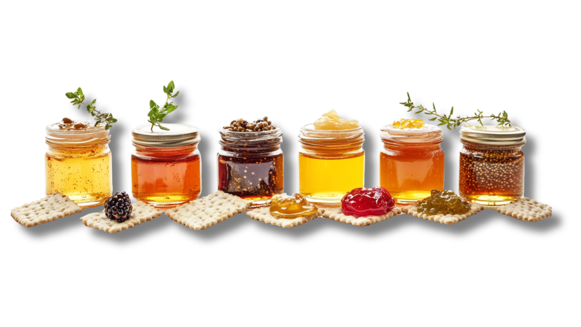 A row of jars of jam and crackers on a white background.