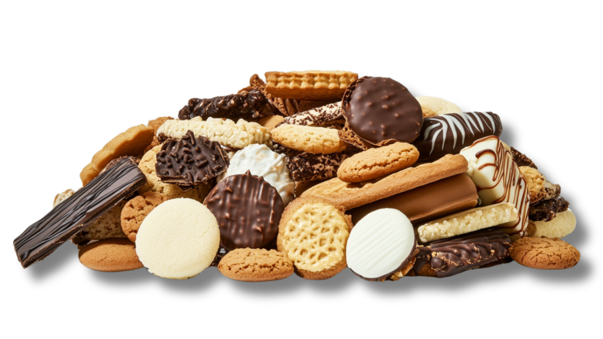 A pile of different types of cookies on a white background.