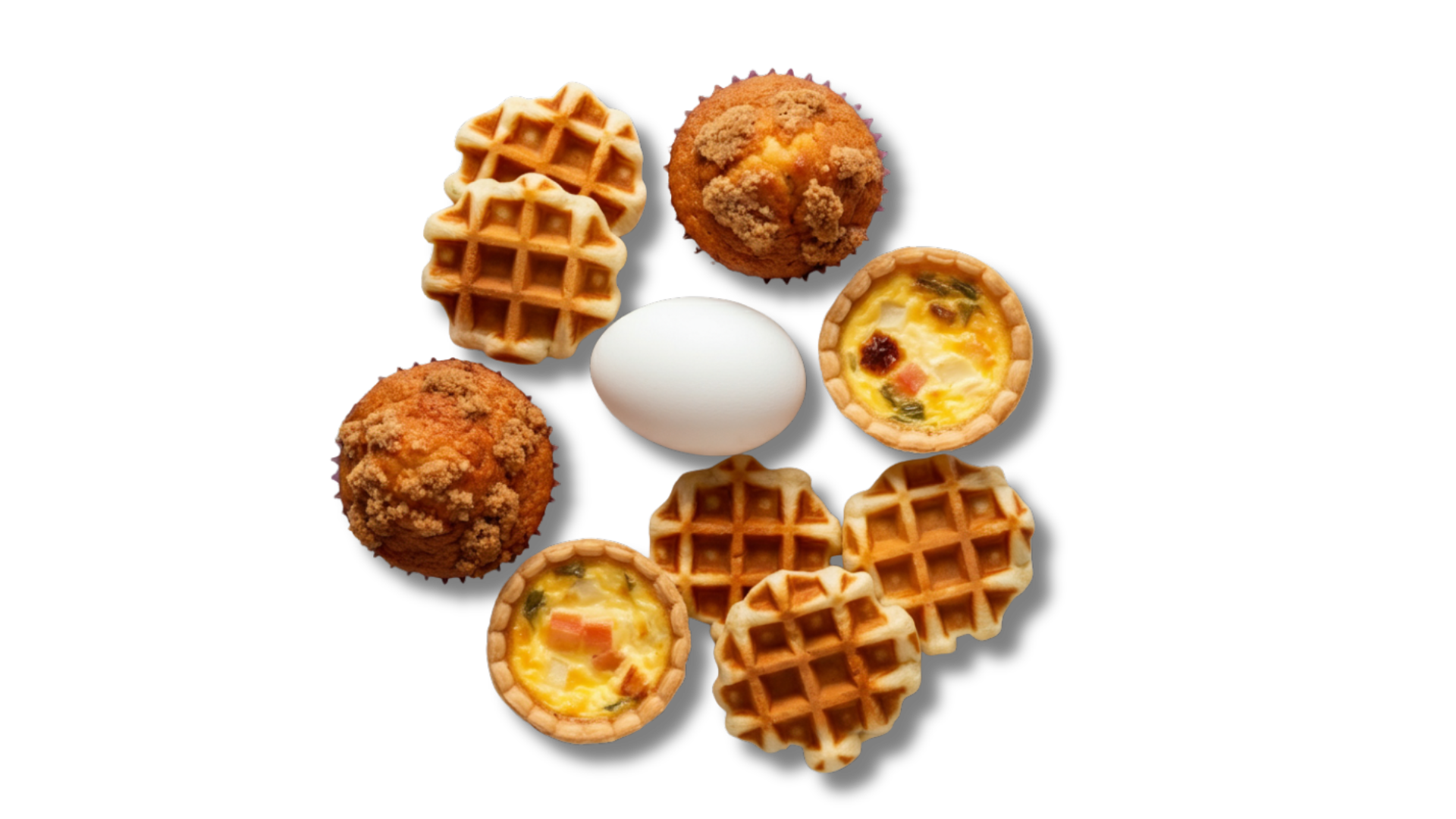 A variety of pastries and an egg are arranged in a circle.