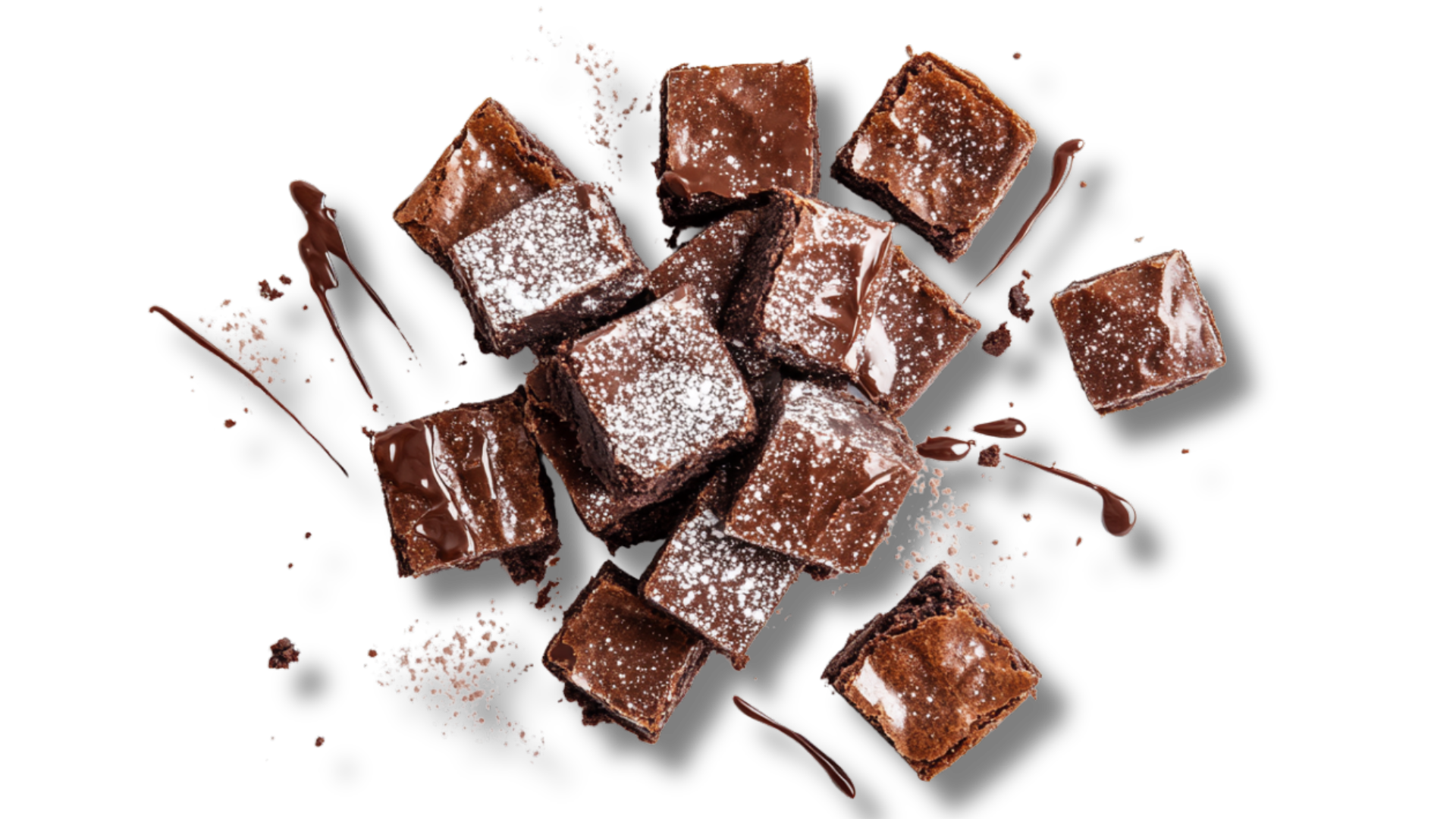 A pile of brownies covered in powdered sugar on a white background